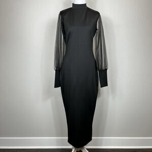 Women’s Black Formal Maxi Dress Size Large Sheer Puff Sleeves Gala BodyCon Goth